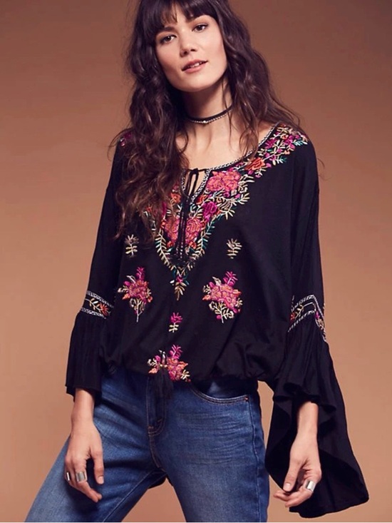 Free People Tops - Free People Black Tunic with Pink Floral Embroidery
